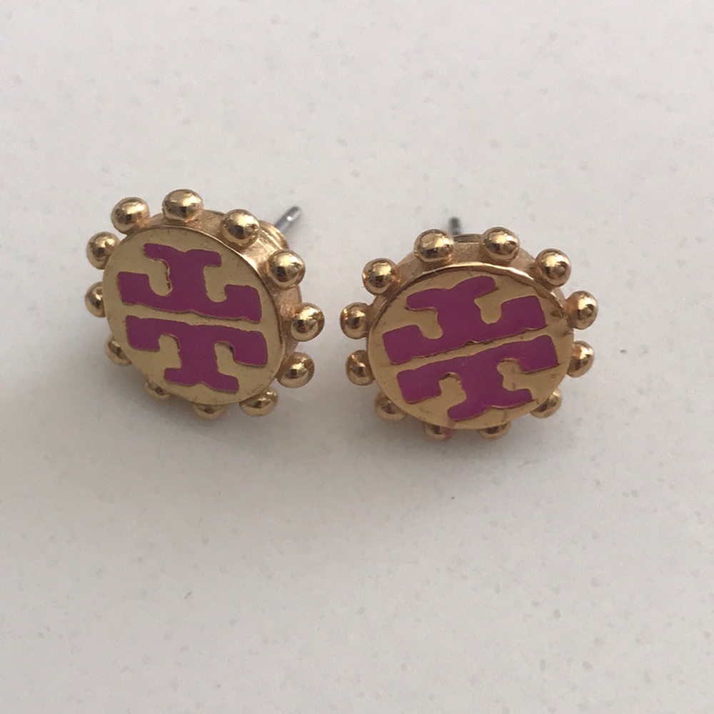 Tory Burch Pink and Gold Logo Stud Earrings